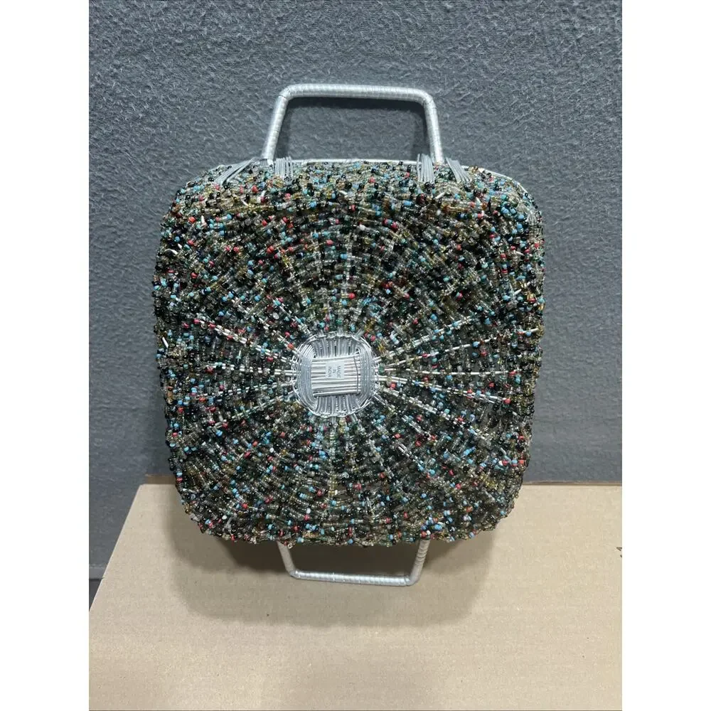 Beautiful Tray Multi Bead Art Silver Metal Woven Basket Made In India Set Of 2